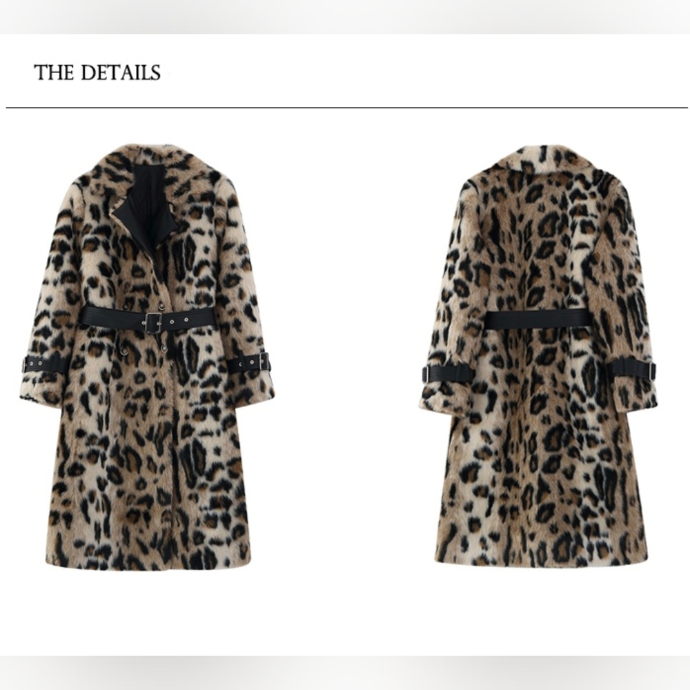 Long Leopard Print Warm Fluffy Faux Fur Trench Coat for Women - Picture 7 of 12